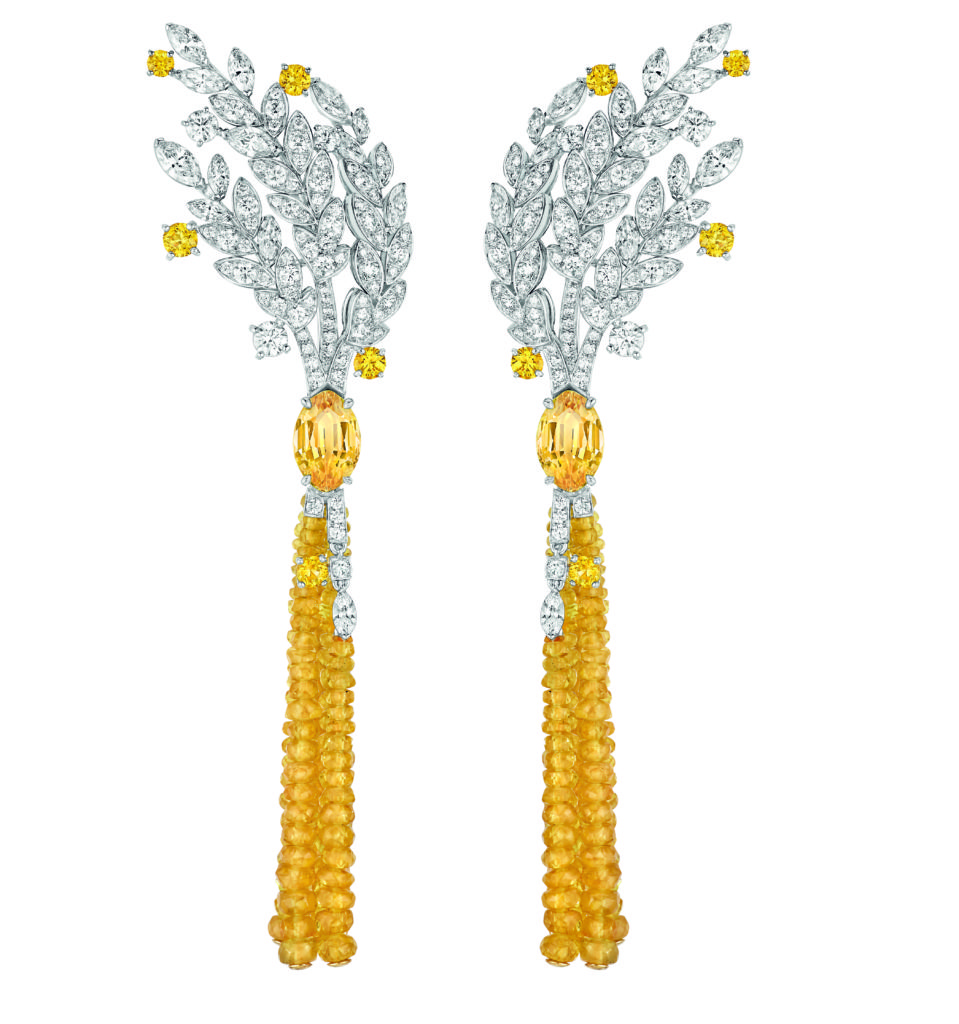 Les Blés de CHANEL, Moisson d’Or" earrings in 18K white and yellow gold set with 2 marquise-cut yellow sapphires ,10 brilliant-cut yellow sapphires , 26 marquise-cut diamonds, 172 brilliant- cut diamonds and 182 yellow sapphire beads for a CHANEL Fine Jewelry 