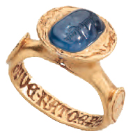 From the Benjamin Zucker collection, a medieval sapphire and gold ring sen with a 10th century sapphire. Sold during Les Enluminures Cycle of Life exhibit