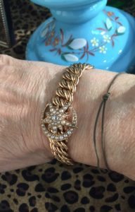 Anabel Higgins combination of repurposed antique pin and retro bracelet