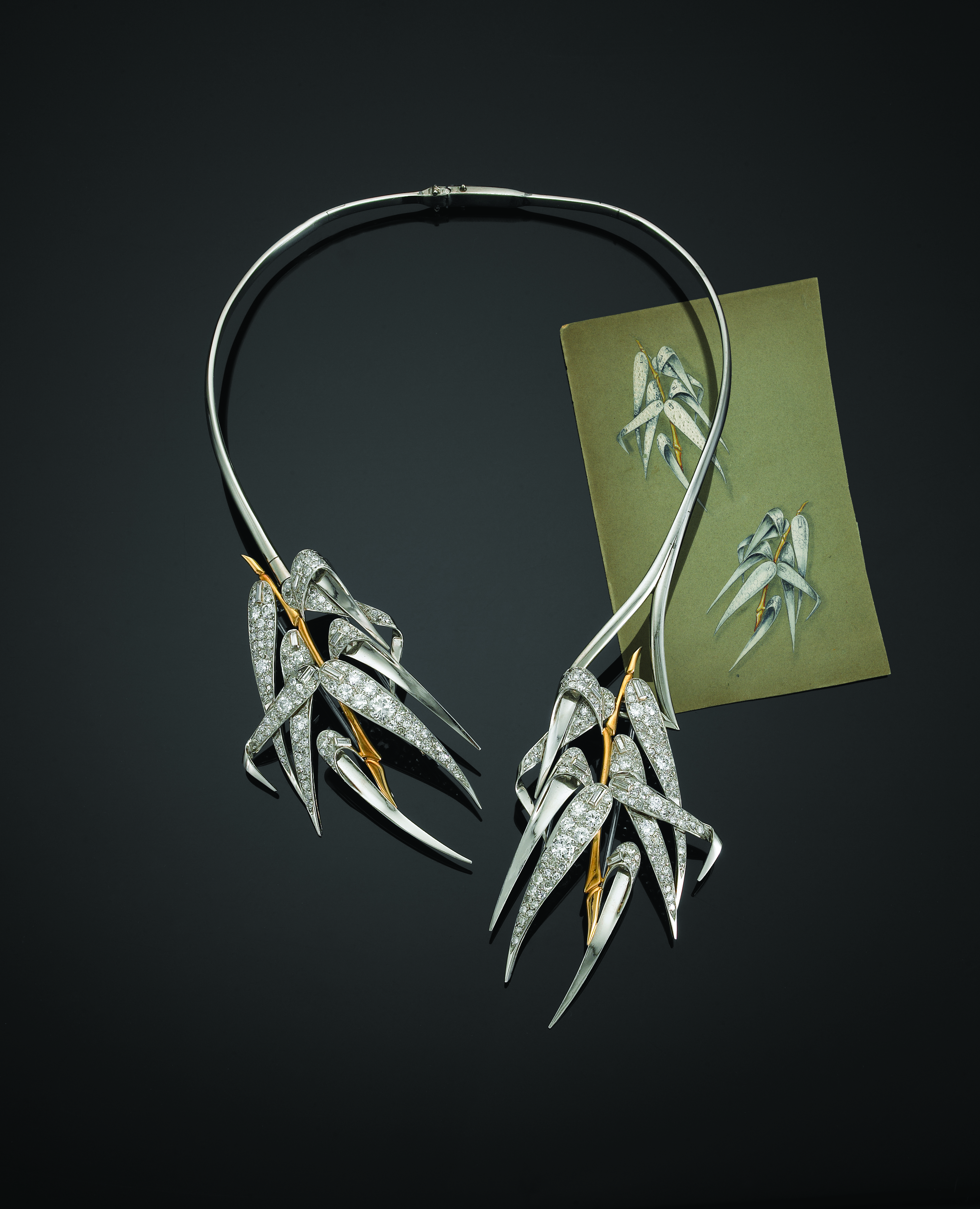 Bamboo motif necklace of diamonds and gold designed by Suzanne Belperron