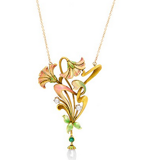 Art Nouveau Necklace with enameling, emerald and pearl pendant