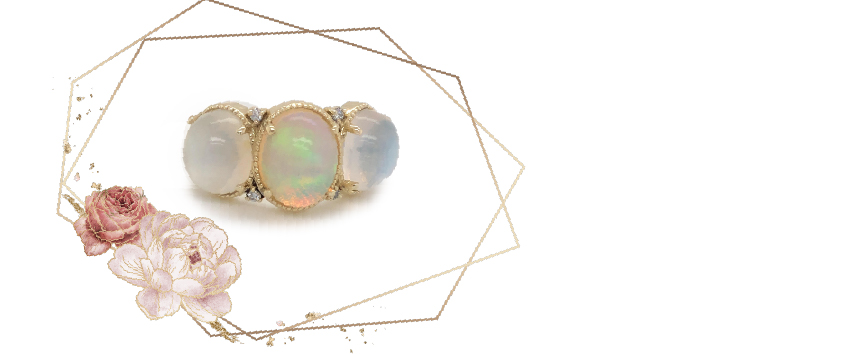 Emily Keifer Modern Acrostic Ring, spelling MOM in 10K gold with moonstone, opal, moonstone